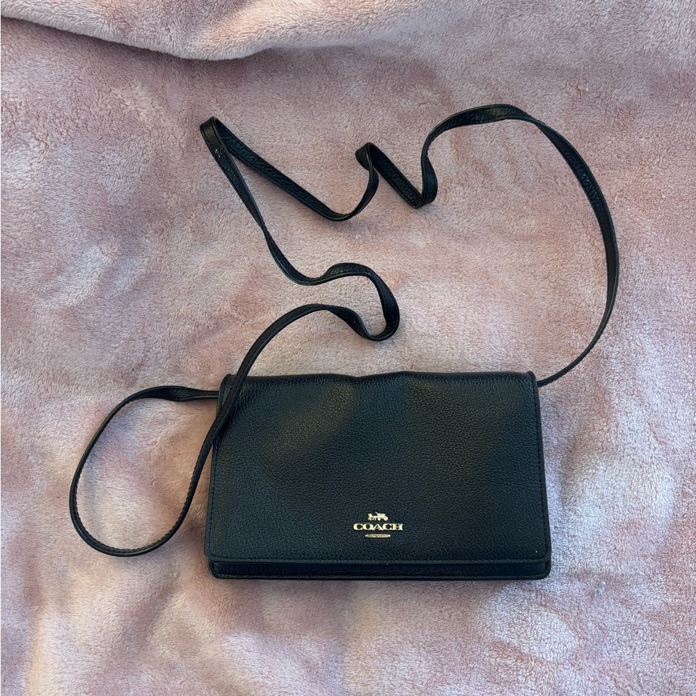 COACH Pebbled Black Leather Crossbody Shoulder Wallet on Strap